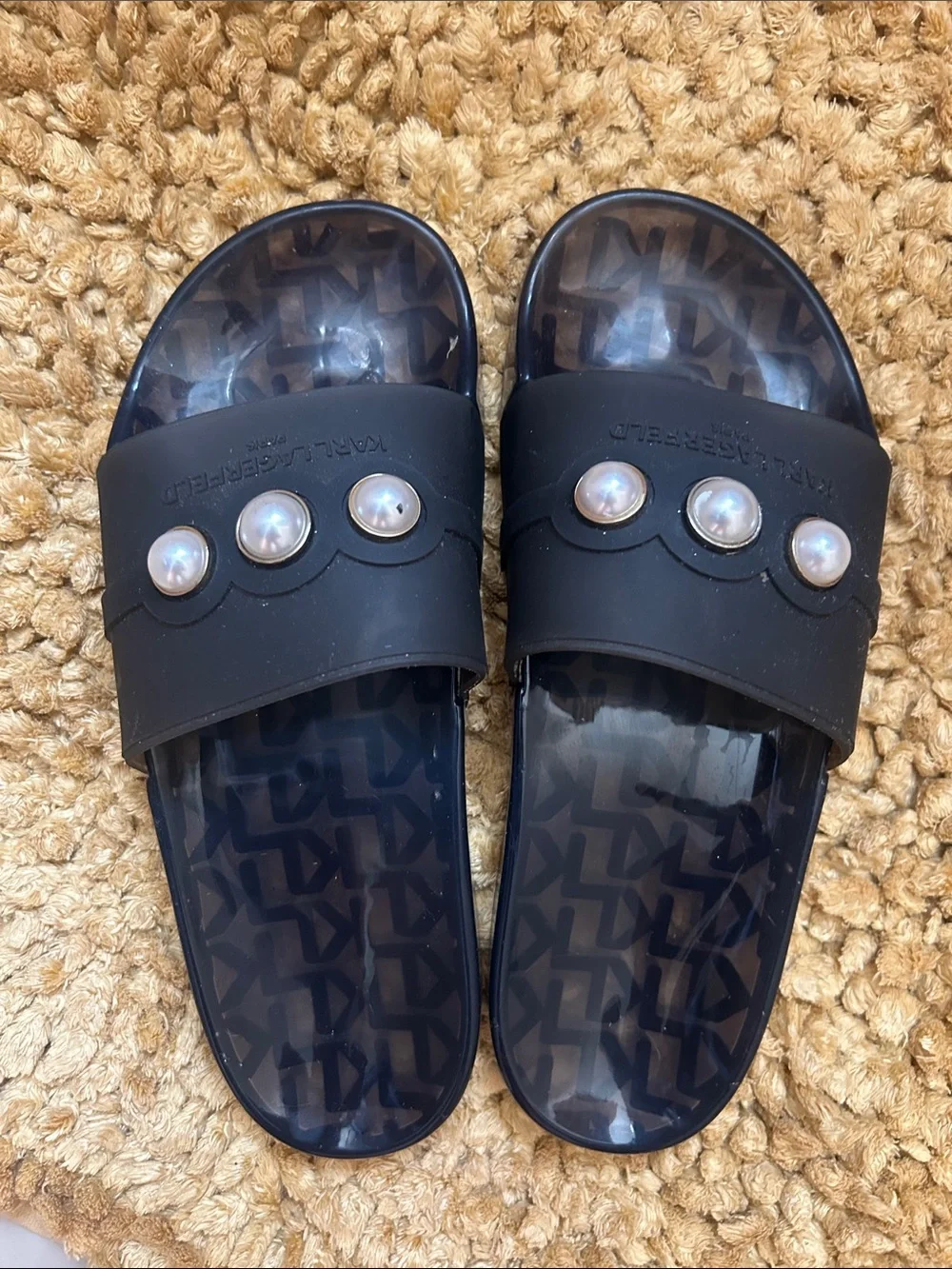 Karl Lagerfeld Kids Black Slide Sandals with Pearl Studs